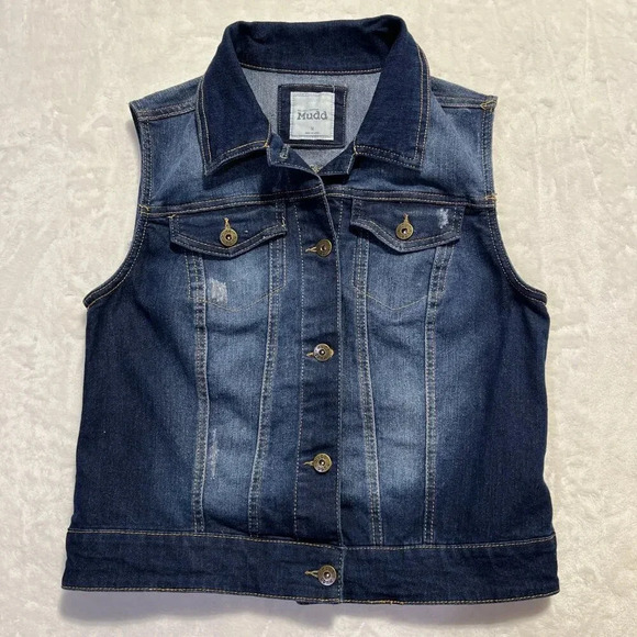 MUDD Vest Juniors Dark/Medium Wash Denim Distressed Size Medium Western Boho - Picture 4 of 10